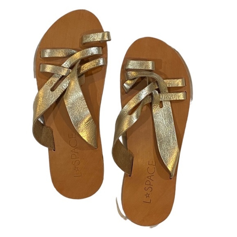 L*SPACE shore break leather gold strap slide on sandals